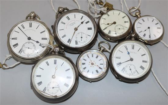 A collection of seven assorted silver pocket and fob watches.